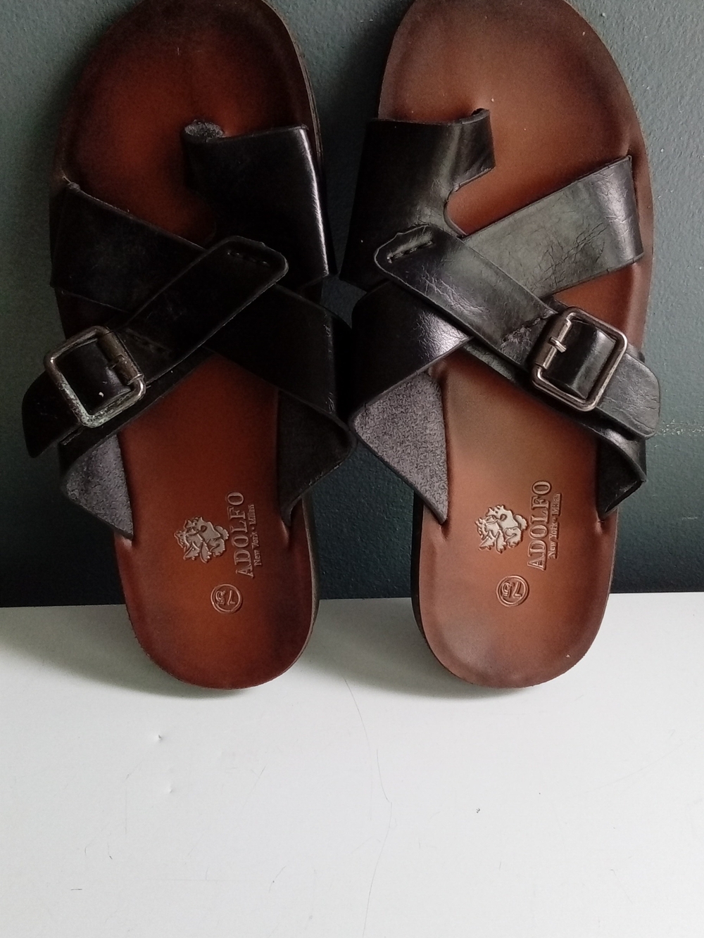 Adolfo New York Milan Mens Leather Toe Loop Slide Sandals Brown Black Size 7.5
